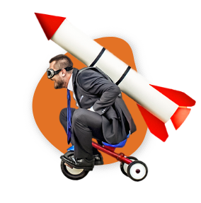 Businessman With Rocket on Back Rides Tricycle